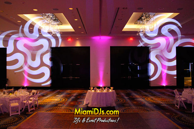 LED moving heads throwing patterned beams across a reception floor