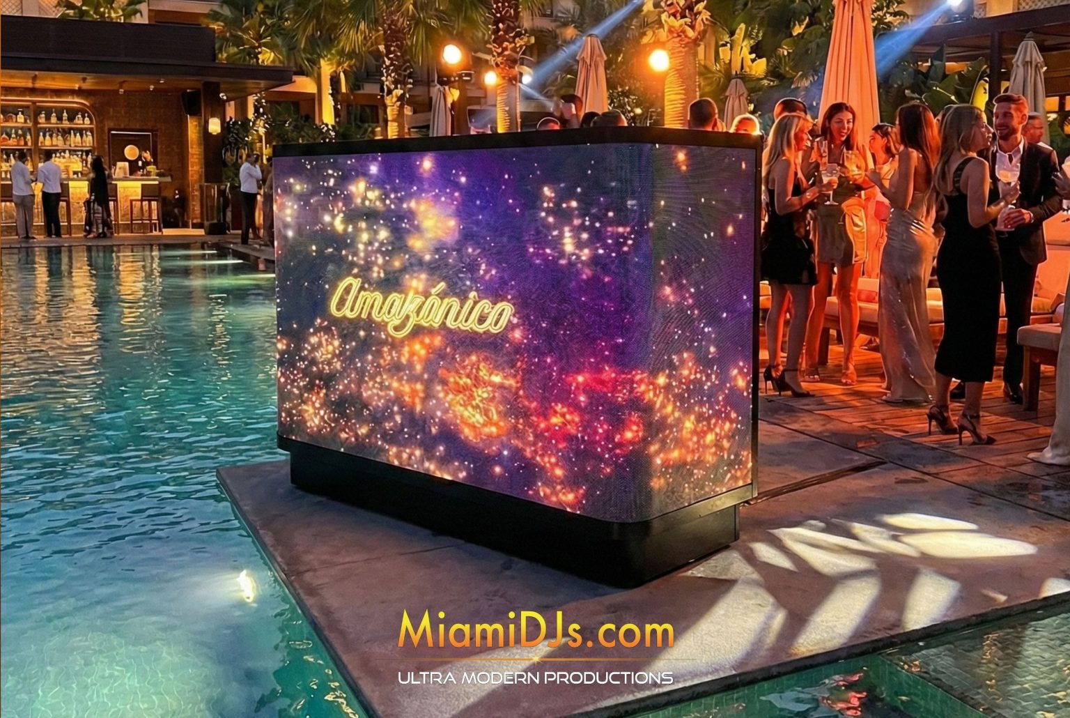Modern curved LED video DJ booth setup by Miami DJs