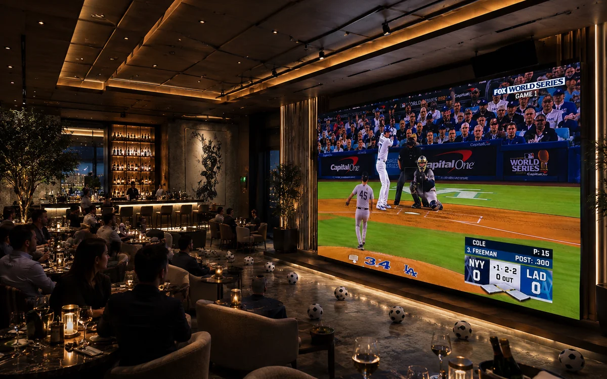 LED video wall showing the MLB World Series live broadcast at a Miami upscale restaurant watch party with diners