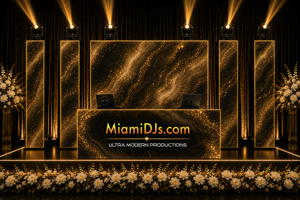 Signature Ultra stage with gold LED totems, florals and a wide back screen