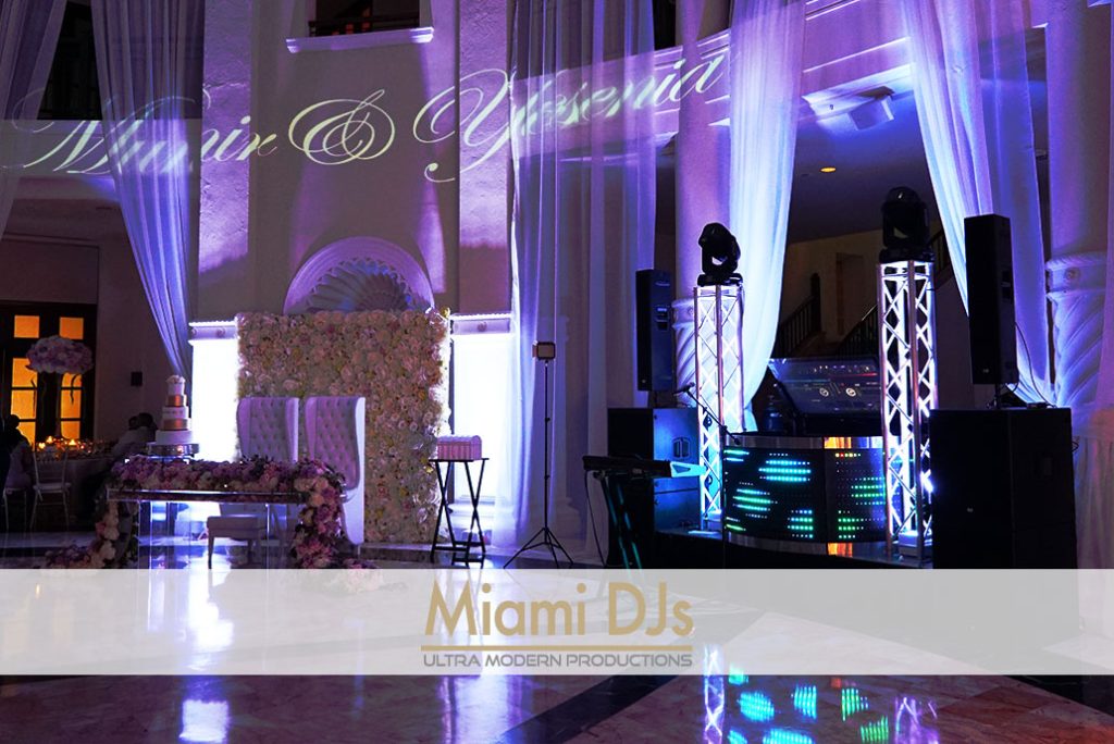 Wedding reception with the couple's names projected on the LED booth