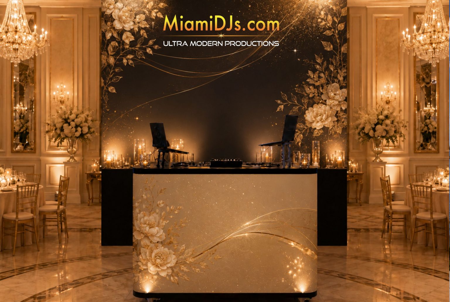 Signature One setup with 10 ft by 7 ft LED video wall and curved LED DJ booth by Miami DJs