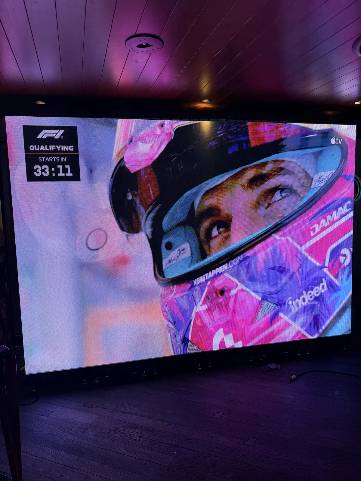 Close-up of a Miami DJs LED video wall showing F1 Miami qualifying coverage